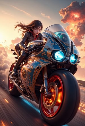 Racing at breakneck speed, a masterpiece of engineering pierces the air, its low-angle view framed by the horizon's fiery glow. Lightning-fast, it hurtles forward, electrical sparks crackling beneath its transparent crystal shell. The camera whips into a dynamic Dutch angle from in front, capturing every ultra-detailed detail as the bike's iridescent scales shimmer and luminescent textures glow. A gyaru fashionista, hair flowing like a banner in the wind, grips the handlebars without a helmet, her eyes shining with an inner glow. The tires blaze with a fiery light, flight goggles gleaming like jewels. In this breathtaking, high-speed tableau, technology and beauty converge in a stunning display of extreme fast super bike mastery. detailed face,3D MODEL,2.5~3D,
realistic,detailed,sharp focus,high contrast,masterpiece,best quality,trending on artstation,rule of thirds,depth of perspective,chiaroscuro lighting.ek_ph0t0_b00ster