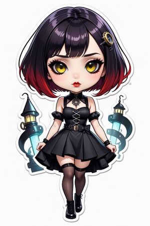 sticker design, steampunk, full body, sharp eyes, white background, bob cut, short hair, multicolored hair, makeup , parted lips, black lips, eyeliner, gothic, goth girl,
her hair is styled in a bob with bangs. the tips of her hair are dyed red. sweet cartoon style

,disney pixar style,Line Chibi yellow,LIMBUSCOMPANY_Ryoshu,flat design,cute comic,anime,cutesexyrobbuts style,naked bandage