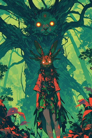 In a lush, verdant forest, shaman Girl dons a mystical rabbit-faced mask, her eyes aglow with otherworldly wisdom. A towering, ancient tree looms behind her, its gnarled branches twisting towards the sky like ethereal fingers. The atmosphere is alive with whispers of forgotten myths, as if the very fabric of reality is woven from the threads of ancient tales. Lyh_niji's vibrant, flat colors bring this mystical realm to life, where the boundaries between worlds blur and magic lingers in every petal and leaf.