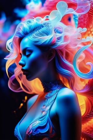 In a whimsical, heavenly setting bathed in bioluminescent hues and uplit by sacred geometry, a fantastical dragon materializes amidst smoke and veil. Its delicate, fashionable form embodies the essence of sweet life, love, and tenderness. Framed against a vibrant, colorful background, this Aetherpunk scene is shot on Canon 5D Mark IV using Kodak Ektar film.

The dragon's neon-glowing hair flows like curved lines, creating an elaborate design that defies gravity. Its flamboyant nature is captured in pastel colors, with intricate details that invite exploration. As the camera lingers, a subtle blood-red tone hints at the mystical energies at play.