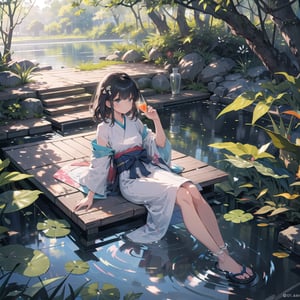 Soft sunlight casts dappled shadows across the water's edge as a teenage girl lies serenely on a Japanese-style wooden platform, her thin dress rustling gently in the warm breeze. Next to her, an open book and glass of icy drink sit undisturbed, amidst lush foliage. The peaceful atmosphere is serene, with nary a ripple disturbing the tranquil pond's surface.