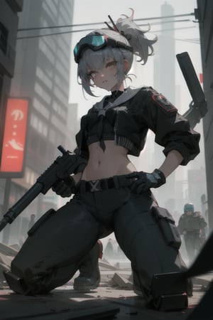 In a gritty, cyberpunk cityscape, a goth muscle girl with striking silver hair and pixie cut sits in a squatting position, her dark tan skin glistening under the urban glow. Hazel eyes burn bright, framed by black nitrile gloves and a dark army jacket worn over a crop top. Baggy pants and combat boots complete her intimidating ensemble, while a bold application of black lipstick adds to her edgy persona.

Before her stands an incredibly detailed mecha suit, its sleek design and sharp focus drawing the viewer's attention. A Short Ponytail and Combat Helmet adorn her head, while Night Vision Goggles perch atop her eyes. A Tactical Belt wraps around her waist, holding a Tactical Vest that mirrors the metallic sheen of the mecha.

As she crouches in combat readiness, her slender body tenses with moderate muscles visible beneath her dark attire. Bright highlights accentuate the sharp lines and curves of her features, as if illuminated by the city's neon lights. The overall effect is one of ultra-fine quality, a masterpiece of artistry and attention to detail that defies absurdity, yet somehow works in harmony with the goth aesthetic.

In a burst of radiosity and physically-based rendering, the image comes alive with photon mapping, automatic white balance, and an atmosphere of gritty futurism. This is Mecha Sailor Soldier at her finest, a warrior queen reigning supreme over the urban landscape.