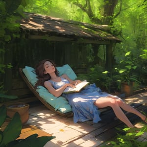 A serene summer afternoon, the warm sunlight filters through lush leaves, casting dappled shadows on the wooden platform where a teenage girl lies languidly in her thin dress, her eyes closed in slumber. Next to her, an open book and glass of icy drink beckon attention. The peaceful atmosphere is palpable as she basks in the tranquility of the moment, her features perfectly framed within the picturesque scene.