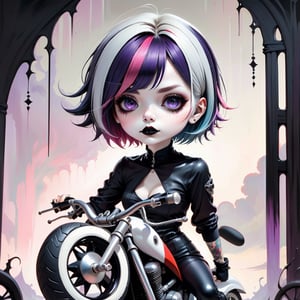 1girl,solo, beautiful face, full body, stare at viewer, sharp eyes, white background, bob cut, short hair, multicolored hair, makeup , parted lips, black lips, little fangs, eyeliner, gothic, goth girl, riding a heavy motorcycle, her hair is styled in a bob with bangs. the tips of her hair are dyed red. 
perfect detailing, intricate details, mellow, muted hues, romantic, shabby-chic, dreamy artwork ,pastel goth,goth person