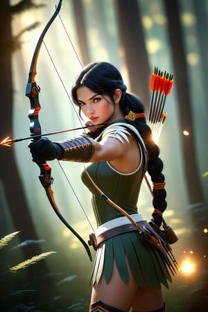In a heart-pounding encounter, the beautiful archer draws her bow fully and aims at the camera with sharp eyes and amazing momentum. The arrow shines with cold light as she prepares for a high-speed shot. A dynamic camera angle from in front captures the intense lighting, parallax motion blur, and ultra-detailed details of her striking features: high nose, black gloves, and long straight black hair with blunt bangs. Her chest-top composition showcases her vibrant white archery uniform amidst a warm, cinematic forest background, illuminated by sidelighting and ambient light. The 8K artistic photography-style illustration features breathtaking beauty, textures, and realistic details, making it a masterpiece in ultra-high definition (UHD).
photorealistic concept art, soft natural volumetric cinematic perfect light. ,niji style