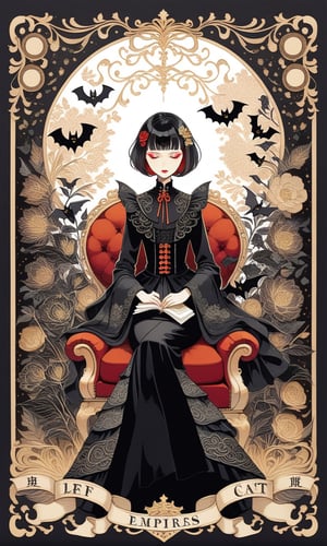 (1woman), sit on a golden chair, front, (show leg), close eyes, bob cut, short hair, multicolored hair, makeup , parted lips, black lips, eyeliner, gothic, goth girl, her hair is styled in a bob with bangs. the tips of her hair are dyed red, full body, fractal art, (tarot card design), botanical illustration, black bats and cat illustration, classic, elegant flourishes, lofi art style, retro, (text that says "Empress"at bottom), best quality, masterpiece, extremely detailed, intricate details, dark theme ,chinese ink drawing,papercut,wood