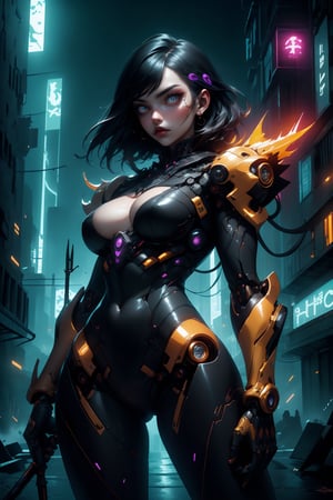 A beautiful punk girl with glowing purple eyes, in a hollow pale orange mecha bodysuit with black glass panels, brass accents and neon tubes. She has a black undercut. She is holding a spear made of neon tubing in both hands, raised in a defensive pose. Defiant look, Fit body, large natural breasts. A dark, gotham type city with scattered lit neon signs in the background. Dark midnight sky. (masterpiece, best quality, ultra-detailed, photography, realistic, 8K) bodysuit,Masterpiece,robot,roblit,glowing,Makeup, neon, Color magic, High detailed ,Mecha,red and black,cowboy shot, dutch shot,