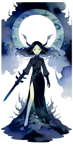 asian japanese woman, detailed face, holding black dagger, fantasy and science fiction theme, menacing, dramatic settings, bold and powerful, embodying the essence of heroism and adventure, fierce, formidable, imaginary creatures, figures from mythology, in the style of amano, sots art, Lovecraftian horror, concept art, ,watercolor \(medium\),Flat vector art,Yuru-Flat