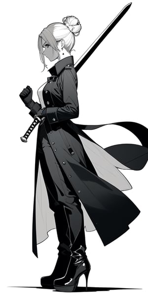 1girl, solo, simple background, gloves, long sleeves, Greatsword, long sword, long trench coat, jewelry, standing, full body, weapon, white hair, earrings, black gloves, pants, hair bun, black footwear, high heels, from side, profile, makeup, black pants, single hair bun, eyeshadow, high heel boots, sword stuck in the ground, hands hold the sword hilt in front of her chest, long hilt,girl,lineart