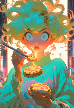 Anime artwork, Rococo, annoyed girl, eating stick cookies, neon glowing hair, 4, neon light, flamboyant, pastel colors, curved lines, elaborate detail, rococo, art by Makoto Shinkai, art by J.C. Leyendecker,virgin destroyer sweater