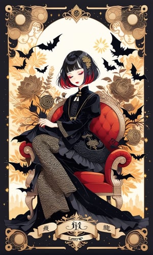 (1woman), sit on a golden chair, front, (show leg), close eyes, bob cut, short hair, multicolored hair, makeup , parted lips, black lips, eyeliner, gothic, goth girl, her hair is styled in a bob with bangs. the tips of her hair are dyed red, full body, fractal art, (tarot card design), botanical illustration, black bats and cat illustration, classic, elegant flourishes, lofi art style, retro, (text that says "Empress"at bottom), best quality, masterpiece, extremely detailed, intricate details, dark theme ,chinese ink drawing,papercut