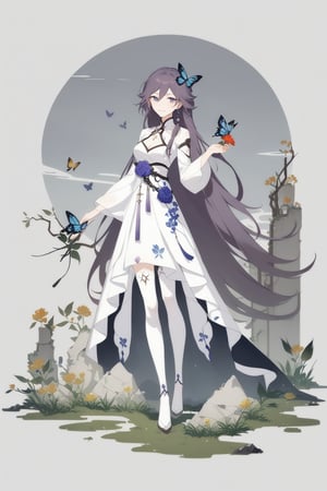 [[fu hua(Honkai Impact 3rd)]], (full body), nai3, 1girl, solo, artstyle,
1girl, solo, dress, ribbon, holding, standing, purple eyes, hair ribbon, purple hair, flower, white dress, official alternate costume, holding flower, ruins, overgrown, 1girl, solo, long hair, breasts, looking at viewer, smile, blue eyes, skirt, brown hair, thighhighs, cleavage, jewelry, medium breasts, hair ribbon, earrings, two side up, gem, solo, long hair, blue eyes, blonde hair, simple background, long sleeves, 1boy, hat, holding, very long hair, standing, male focus, grey background, cross, bug, butterfly, robe, butterfly on hand,chinese_painting,watercolor \(medium\),chinese ink drawing,painting