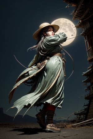 1girl, solo_female, masterpiece, best quality, 16K, (HDR), high resolution, (1 big moon in the dark night) , In the dead of night, a samurai wearing a rain hat, carrying a long sword and lowering his head, walks alone on the ancient streets of the mountain city that are hung with various signboards and lanterns and stretches all the way up. A huge sea fish with a ferocious face and a bloody mouth swoops down from high in the sky. It is super realistic, (full length body)+(Dutch angle shot), (highly detailed background of ancient Japanese achitechture + cyberpunk buildings with neon lights:1.2) , (dynamic pose), hands in the right direction, perfect fingers, (intense light), intense atmosphere with Dutch angle, ((cables and wires linked to character)), ((holding an delicated old sword)), Cyberpunk,C7b3rp0nkStyle,A Traditional Japanese Art,perfect, cyberpunk style, more details, chinese ink painting,Mechanical fish