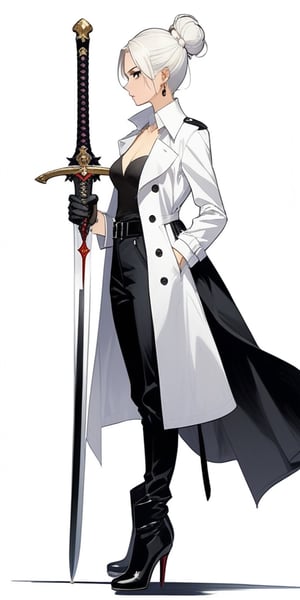 1girl, solo, simple background, gloves, long sleeves, Greatsword, long sword, long trench coat, jewelry, standing, full body, weapon, white hair, earrings, black gloves, pants, hair bun, black footwear, high heels, from side, profile, makeup, black pants, single hair bun, eyeshadow, high heel boots, sword stuck in the ground, hands hold the sword hilt in front of her chest, long hilt,girl
