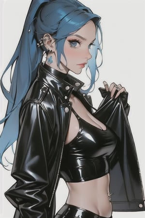1girl, solo, breasts, looking at viewer, blue eyes, simple background, white background, jewelry, medium breasts, closed mouth, blue hair, jacket, upper body, earrings, open clothes, midriff, from side, open jacket, lips, black jacket, crop top, makeup, piercing, ear piercing, leather, leather jacket,stylemidjurney