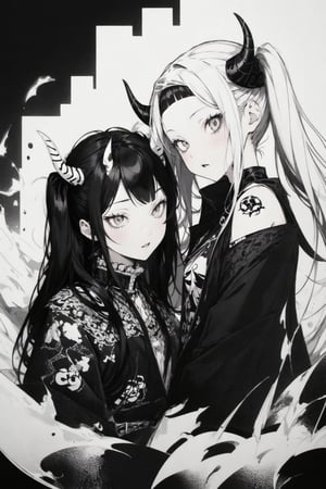 2girls, twintails, goth girl, punk girl, death metal, demon skull, black and white, horns, 