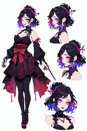 beautiful, masterpiece, best quality, extremely detailed face, brown skin, chest exposed, kimetsu no yaiba , bob cut, short hair, multicolored hair, makeup , parted lips, black lips, eyeliner, gothic, goth girl,
her hair is styled in a bob with bangs. the tips of her hair are dyed red, wand, (CharacterSheet:1), (multiple views, full body, upper body, reference sheet:1), back view, front view, (white background, simple background:1.2), large breasts, sexy pose, seductive smile,Mitsuri Kanroji