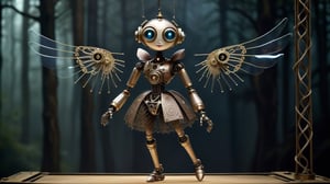 Here's a prompt for a Micro Mechanical Puppet Design:
A steampunk-inspired robot character, 'Sword Dance', is suspended in mid-air by  many lines like a puppet, its metallic body adorned with intricate lace patterns with transparent luminous circuit textured wings. The face and eyes of the puppet, full of feminine softness, seem to sparkle in the dim light, as if infused with an otherworldly charm. Aged and weathered, its mechanical structure appears both bizarre and real. Dynamic dance movements are captured in a cinematic composition, blending Gothic aesthetics with surreal realism. Sharp focus and high resolution render every detail, from the gold-lined ropes to the puppet's sharp features. Set against a dark forest background, this hyper-realistic art piece exudes an eerie sense of mystery, inviting the viewer to step into its strange beauty.