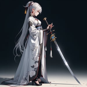 1girl, solo, simple background, gloves, long sleeves, Great sword, long sword, chinese traditional dress, jewelry, standing, full body, weapon, silver hair, earrings, black gloves, high pony tail, black footwear, high heels, from side, profile, makeup, high heel boots, sword stuck in the ground, hands hold the sword hilt in front of her chest, long skirt,Fashion cheongsam, HanFu,jianxian