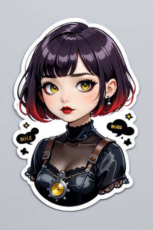 sticker design, steampunk, upper body, close eyes, white background, bob cut, short hair, multicolored hair, makeup , parted lips, black lips, eyeliner, gothic, goth girl,
her hair is styled in a bob with bangs. the tips of her hair are dyed red. sweet cartoon style

,disney pixar style,Line Chibi yellow,LIMBUSCOMPANY_Ryoshu,flat design,cute comic