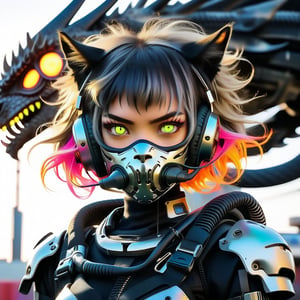 Close-up shot of a female cyborg, 'Bob-Cut' hair vibrant with colorful hues, framing her intense expression. A scratch mask with cat-ear headphones and nun headscarf adorn her face, juxtaposed with tactical armor plating and a sharp black dragon's head with neon accents. Infected machine parts mesh seamlessly with her beautiful girl features. Crouched in fighting stance, she grasps a gun, futuristic hair infected with glowing strands, set against the blurred cityscape of a terminal station. Her eyes blaze with golden flames amidst chromatic spots on her black eyeballs, within the deva battle suit's armor shell, evoking a Nijistyle aesthetic.,reelmech,txznmec,Cinematic ,more detail XL, m3,inverted cross