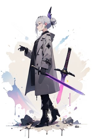 girl  dressed as a witch, pastel colors, purple colors, blue colors, green colors, shading, gray scale, hand drawn, 1girl, solo, simple background, long sleeves, Greatsword, long sword, long trench coat, jewelry, standing, full body, weapon, silver hair, earrings, black gloves, black footwear, high heels, from side, profile, makeup, black pants, single hair bun, eyeshadow, high heel boots, sword stuck in the ground, hands hold the sword hilt in front of her chest,