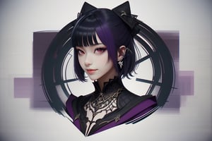 1girl, dark purple hair, red eyes, sharp, arrogant, arrogant smile, wearing stylish clothes, fantasy detailed background, detailed body, detailed face, detailed eyes