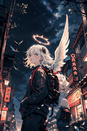 a girl remisnicing of the past, fluttering white hair, pale skin, nice clothes, baggy, backpack, vintage, night, looking up, night sky, angel halo, falling feathers,Holy light, demon wings, city street, tree