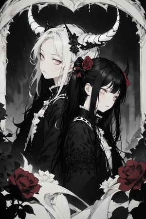 A dark and edgy scene unfolds: two girls, one with striking twin tails, the other a gothic beauty, both clad in punk attire, stand amidst a backdrop of black and red roses. The air is thick with the heavy riffs of death metal music. Horns sprout from their heads, casting an eerie glow as they gaze out at the all-black-and-white world around them, a defiant symbol of their subcultural identity.