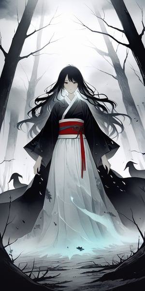 In a dimly lit, mystical forest, a faceless, towering Asian girl stands tall, her slender figure illuminated by an eerie, glowing mist. Her long, flowing hair appears to be made of dark, swirling clouds, as she confronts a horde of imaginary creatures from mythological lore. A bold, red sash wraps around her waist, symbolizing her unwavering determination and courage. The air is heavy with the scent of wet earth and decaying leaves, as if the very forest itself holds its breath in anticipation of the adventure to come.,art_booster,black hands