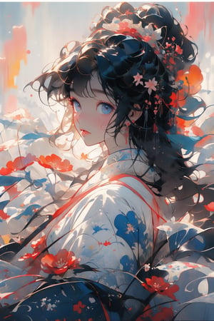neon crimson highlights,flora, beautiful elegant attractive fantastic watercolor painting - a girl of unearthly beauty in a transparent blue kimono, flowers, curls, loops, soft muted tones, colorfulness, gentle background, soft white and pink - morning dawn/bridge/blossoms, sunrise. artist Jean Baptiste Monge acrylic paint splatter dripping,APS,yinyangstyle,Chinese ink painting