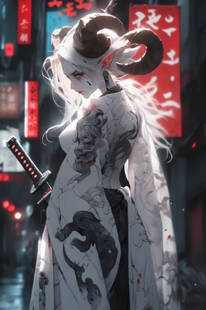 1 girl, (masterful), albino demon queen, (long intricate horns:1.2), 
kimono, one Katana in scabbard  at waist, bathed blood,large breast, Cleavage, hakama, Japanese style gaiter, kanji Tattoos, 
cyberpunk City background,photo_b00ster,ct-niji2