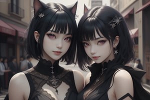 2 girls, dark purple hair, red eyes, sharp, arrogant, arrogant smile, wearing stylish clothes, fantasy detailed background, detailed body, detailed face, detailed eyes