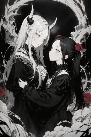 A dark and edgy scene unfolds: two girls, one with striking twin tails, the other a gothic beauty, both clad in punk attire, stand amidst a backdrop of black and red roses. The air is thick with the heavy riffs of death metal music. Horns sprout from their heads, casting an eerie glow as they gaze out at the all-black-and-white world around them, a defiant symbol of their subcultural identity.