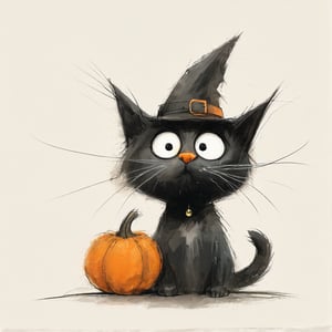 Minimalism, children's rough abstract lines, colorful, extremely childish, very messy, skewed, simple, random brushstrokes. a cute black cat rides a broom has orange eyes and it wear witch hat and hold a book and pen next to a cute Halloween Pumpkin, fantasy swirls splash,cute and quirky, fantasy art,hand-drawn, digital painting, low-poly,aestheticfi,flat design