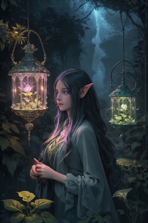 Ultra detailed illustration of a elf lost in a magical world full of wonders forest, unique luminous flora, highly detailed, pastel colors,  digital art, art by Mschiffer, night, dark, grey bioluminescence, darkness background, 1girl