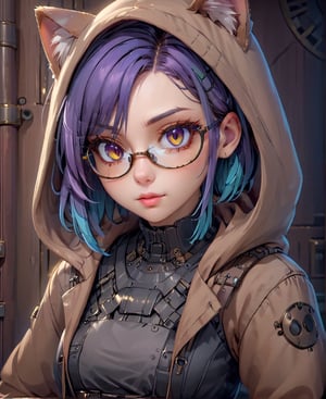 glasses, a girl wearing a hoodie with a cat on it, realistic, cyberpunk assassin, cyberpunk girl in hoodie, nekro xiii, very beautiful cyberpunk samurai, black lips, eyeliner, goth makeup, realistic anime art style, fantasy artwork, portrait of a steampunk catgirl, multicolor hair,goth person,ct-niji3,cyb-3d-art,Cyber Warrior,ani_booster,art_booster,disney pixar style