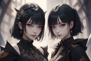 2 girls, dark purple hair, red eyes, sharp, arrogant, arrogant smile, wearing stylish clothes, fantasy detailed background, detailed body, detailed face, detailed eyes