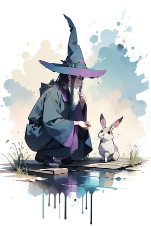 girl caressing a rabbit, dressed as a witch near a river, crouching caressing the rabbit, pastel colors, purple colors, blue colors, green colors, shading, gray scale, hand drawn,