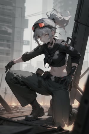 In a gritty, cyberpunk cityscape, a goth muscle girl with striking silver hair and pixie cut sits in a squatting position, her dark tan skin glistening under the urban glow. Hazel eyes burn bright, framed by black nitrile gloves and a dark army jacket worn over a crop top. Baggy pants and combat boots complete her intimidating ensemble, while a bold application of black lipstick adds to her edgy persona.

Before her stands an incredibly detailed mecha suit, its sleek design and sharp focus drawing the viewer's attention. A Short Ponytail and Combat Helmet adorn her head, while Night Vision Goggles perch atop her eyes. A Tactical Belt wraps around her waist, holding a Tactical Vest that mirrors the metallic sheen of the mecha.

As she crouches in combat readiness, her slender body tenses with moderate muscles visible beneath her dark attire. Bright highlights accentuate the sharp lines and curves of her features, as if illuminated by the city's neon lights. The overall effect is one of ultra-fine quality, a masterpiece of artistry and attention to detail that defies absurdity, yet somehow works in harmony with the goth aesthetic.

In a burst of radiosity and physically-based rendering, the image comes alive with photon mapping, automatic white balance, and an atmosphere of gritty futurism. This is Mecha Sailor Soldier at her finest, a warrior queen reigning supreme over the urban landscape.