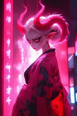 In a dimly lit cyberpunk cityscape at dusk, an albino demon queen stands poised in a masterful pose, her long intricate horns (1.2 meters) stretching up towards the neon-lit skyscrapers. She wears a traditional Japanese kimono, its vibrant colors stained with crimson hues of bathed blood, and cinched at the waist is a katana in scabbard, accentuating her ample cleavage. A hakama flows behind her like a dark cloud, while a Japanese-style gaiter wraps around her legs. Kanji tattoos adorn her skin, as if pulsing with an otherworldly energy. Photo-booster lights cast an eerie glow on the city's towering structures, mirroring the demon queen's ethereal aura.