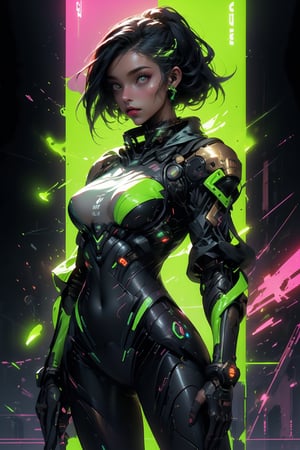 A beautiful punk girl with glowing purple eyes, in a hollow pale orange mecha bodysuit with green glass panels, brass accents and neon tubes. She has a black undercut. She is holding a spear made of neon tubing in both hands, raised in a defensive pose. Defiant look, Fit body, large natural breasts. A dark, gotham type city with scattered lit neon signs in the background. Dark midnight sky. (masterpiece, best quality, ultra-detailed, photography, realistic, 8K) bodysuit,Masterpiece,robot,roblit,glowing,Makeup, neon, Color magic, High detailed ,Mecha,cowboy shot, dutch shot,