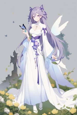 [[fu hua(Honkai Impact 3rd)]], (full body), nai3, 1girl, solo, artstyle, dress, ribbon, standing, purple eyes, hair ribbon, purple hair, flower, white dress, official alternate costume, holding flower, ruins, overgrown, long hair, looking at viewer, smile, blue eyes, skirt, thighhighs, cleavage, jewelry, medium breasts, hair ribbon, earrings, two side up, gem, simple background, long sleeves, very long hair, standing, grey background, cross, bug, butterfly, robe, butterfly on hand,chinese_painting,watercolor \(medium\)