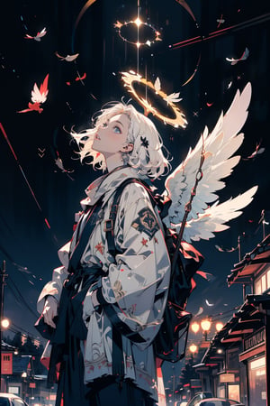 a girl remisnicing of the past, fluttering white hair, pale skin, nice clothes, baggy, vintage, night, looking up, night sky, angel halo,halo,Holy light, feather wings