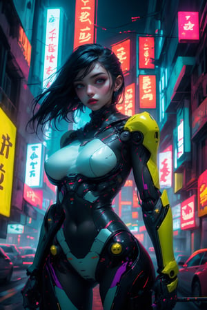 A beautiful punk girl with glowing purple eyes, in a hollow pale orange mecha bodysuit with green glass panels, brass accents and neon tubes. She has a black undercut. She is holding a spear made of neon tubing in both hands, raised in a defensive pose. Defiant look, Fit body, large natural breasts. A dark, gotham type city with scattered lit neon signs in the background. Dark midnight sky. (masterpiece, best quality, ultra-detailed, photography, realistic, 8K) bodysuit,Masterpiece,robot,roblit,glowing,Makeup, neon, Color magic, High detailed ,Mecha,cowboy shot, dutch shot,