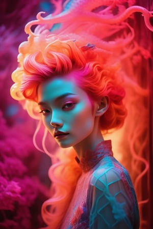 In a whimsical, heavenly setting bathed in bioluminescent hues and uplit by sacred geometry, a fantastical dragon materializes amidst smoke and veil. Its delicate, fashionable form embodies the essence of sweet life, love, and tenderness. Framed against a vibrant, colorful background, this Aetherpunk scene is shot on Canon 5D Mark IV using Kodak Ektar film.

The dragon's neon-glowing hair flows like curved lines, creating an elaborate design that defies gravity. Its flamboyant nature is captured in pastel colors, with intricate details that invite exploration. As the camera lingers, a subtle blood-red tone hints at the mystical energies at play.