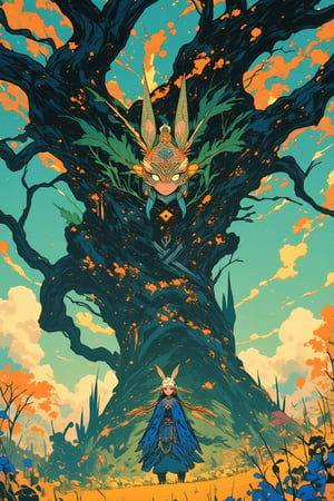 In a mystical realm, a shaman girl wears a rabbit-faced mask, her gaze intense and wise. Before her stands a majestic tree, its trunk twisted with ancient wisdom. Flat, vibrant colors dance across the scene, reminiscent of traditional Japanese art. The composition is simple yet powerful, guiding the viewer's eye to the enigmatic heroine and the mystical forces she commands.