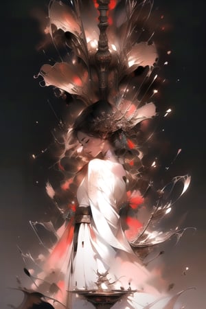 masterpiece, impasto, painting, cinematic lighting, dynamic rays, medium shot, full body, hyperdetailed, 1 goddess, long brown hair, black eyes, white dress, huddle, plain background, trending artstation, trending WLOP, fully rendered, expressive style,A Traditional Japanese Art,beautyniji