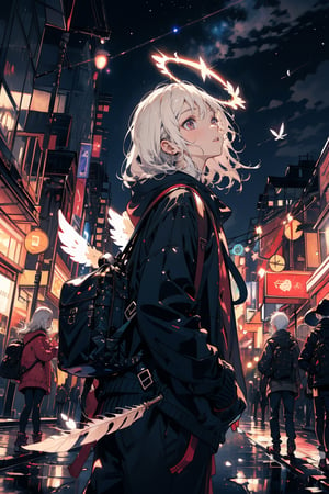 a girl remisnicing of the past, fluttering white hair, pale skin, nice clothes, baggy, backpack, vintage, night, looking up, night sky, angel halo, Holy light, feather wings, city street