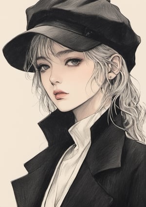 real, a woman, hat, long coat, smoking, gangster, underground business, raining, cool, close up shot,90s vibe, clean shot, peaky blinders style, black suit,colored background , sharp eyes, side view,ukiyo_e,japanese,Pencil Draw,raining